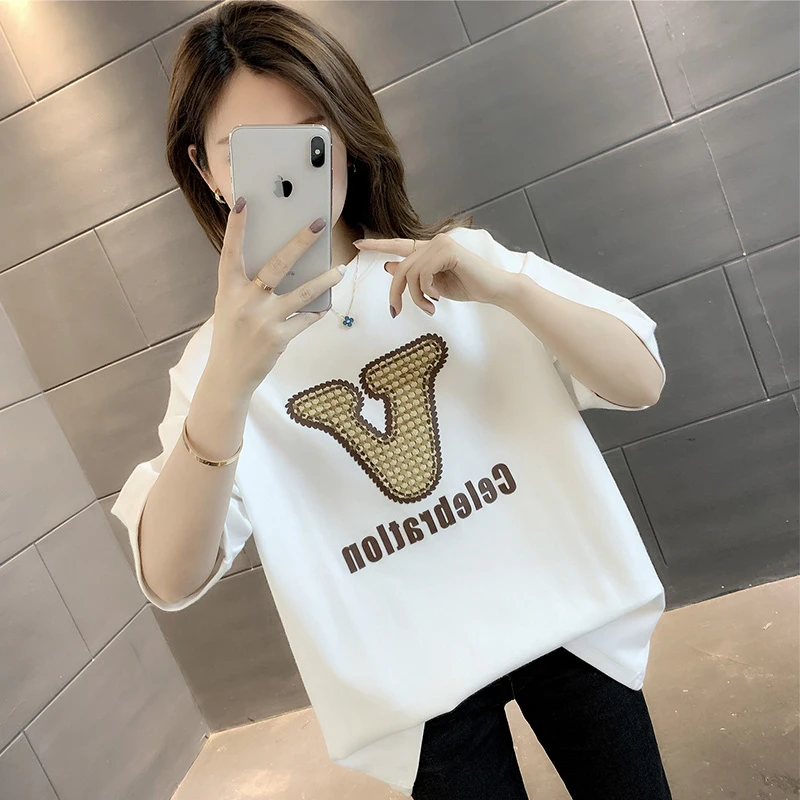 高端欧货大版短袖刺绣棉t恤女2025新款宽松春夏季上衣百搭中长款