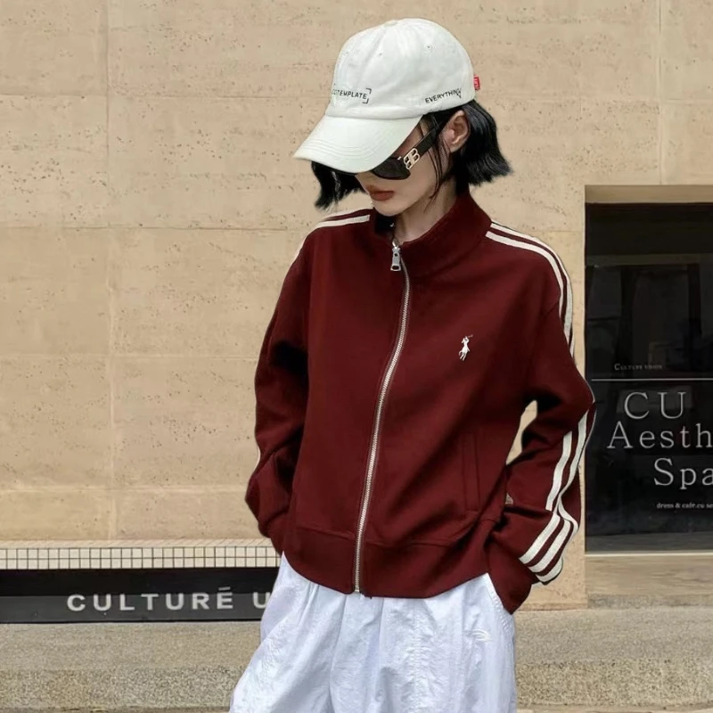 欧货早秋新款安可拉红三条杠立领短外套女百搭显瘦拉链开衫夹克衫