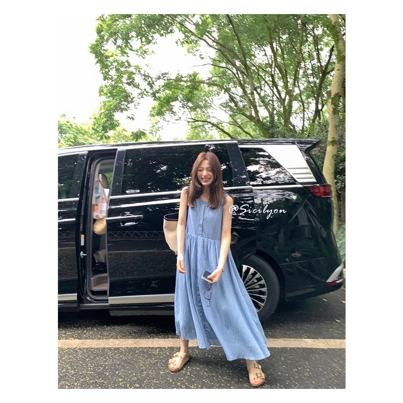 【西西里安】柏林假日~肌理蓝白格子莫奈花园风小个子夏休闲背心裙