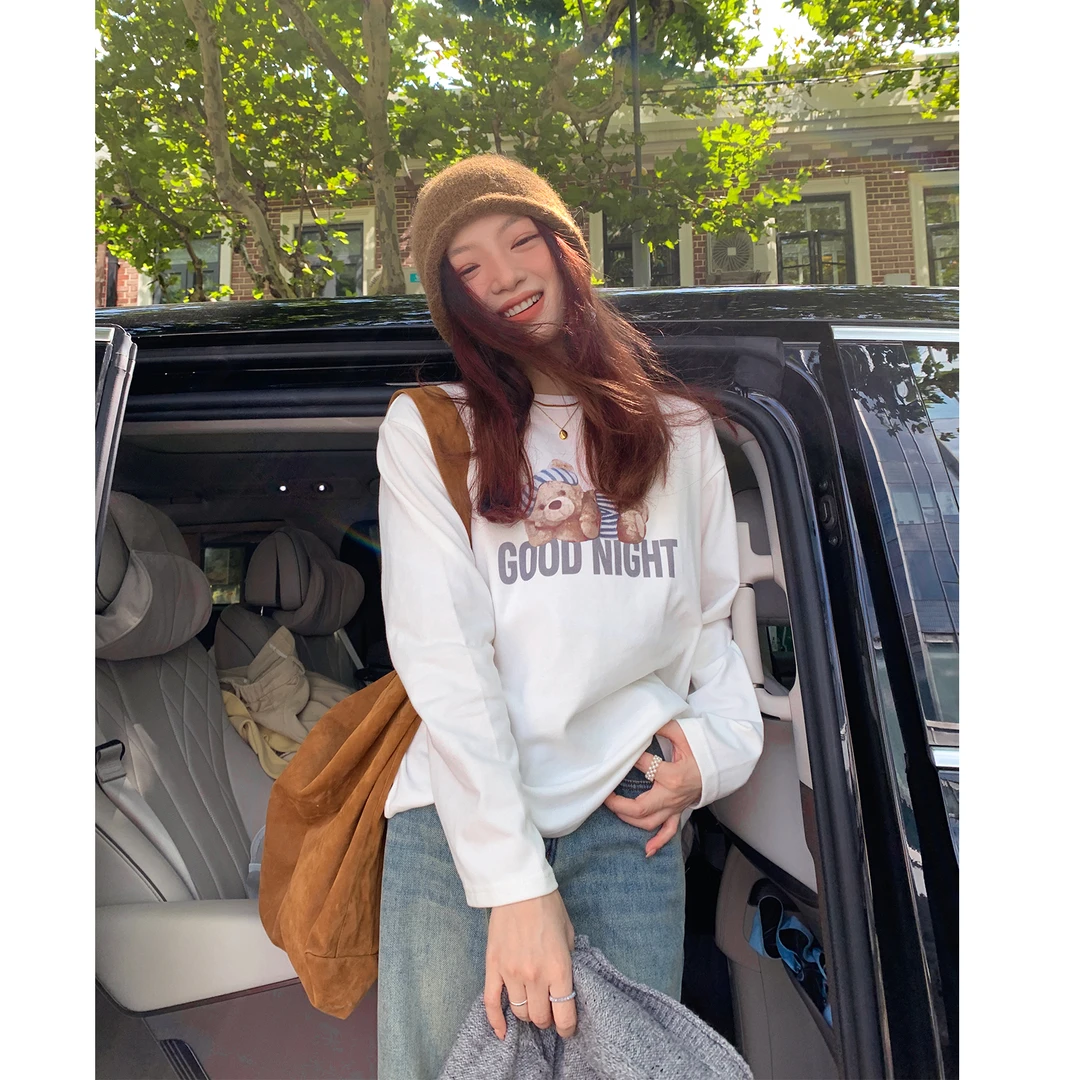 【西西里安 】 晚安小熊/磨毛绒感实用百搭打底长袖T恤