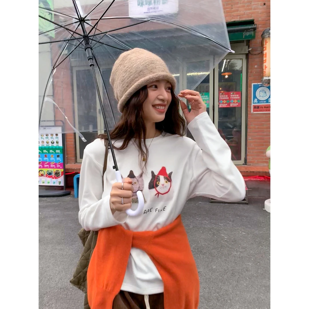 【西西里安】 帽子小猫~趣味手绘印花磨毛长袖T恤