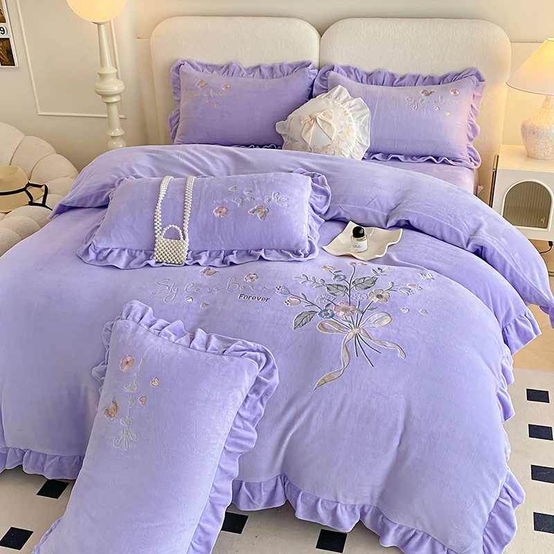 工艺花边款加厚牛奶绒被套四件套加绒保暖床单被罩双面绒刺绣床品