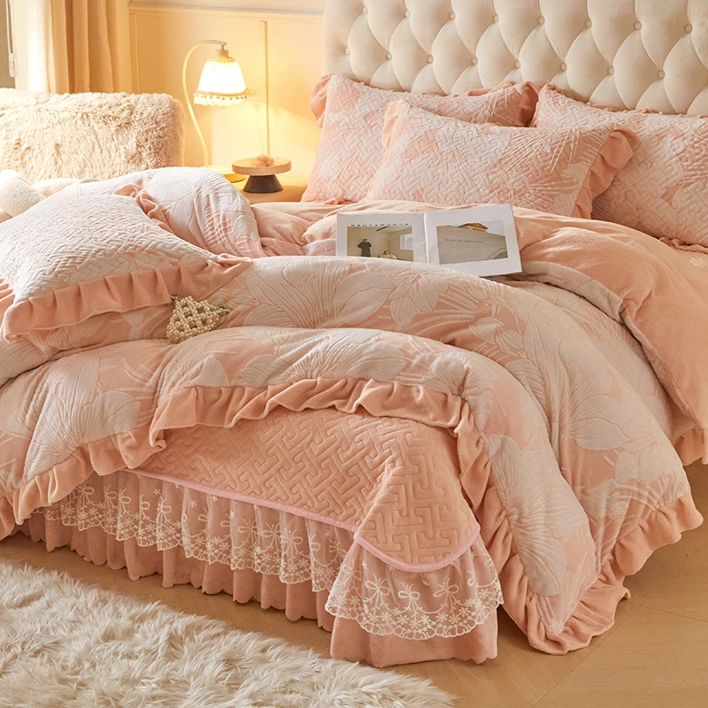 【床盖款】高级感冬季轻奢加厚牛奶绒被套四件套加绒保暖雕花牛奶绒