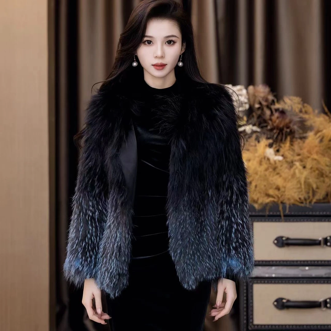 【yola】秋冬新款贵气优雅银狐编织渐变染色工艺皮草