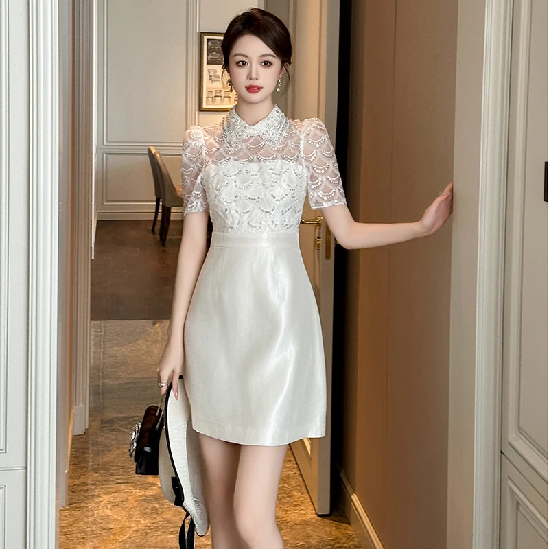 蕾丝气质名媛礼服裙子时尚法式收腰泡泡袖高腰轻奢连衣裙70281