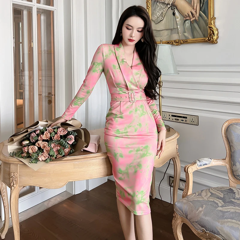 秋季新款修身显瘦内搭职业通勤气质开叉亮色印花包臀连衣裙20186