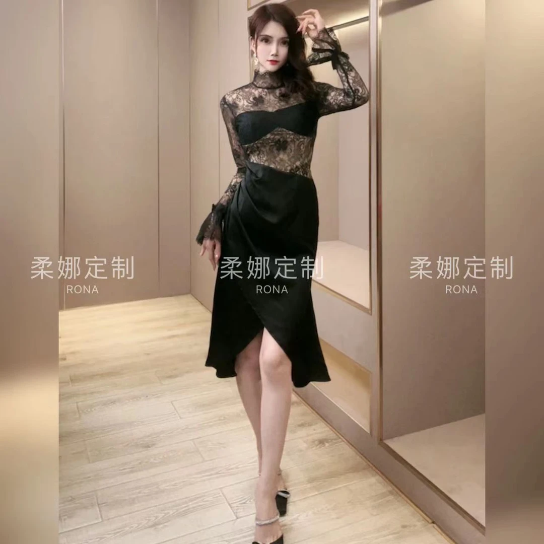 柔娜定制 新款女装法式性感蕾丝拼接长袖修身不规则连衣裙20302