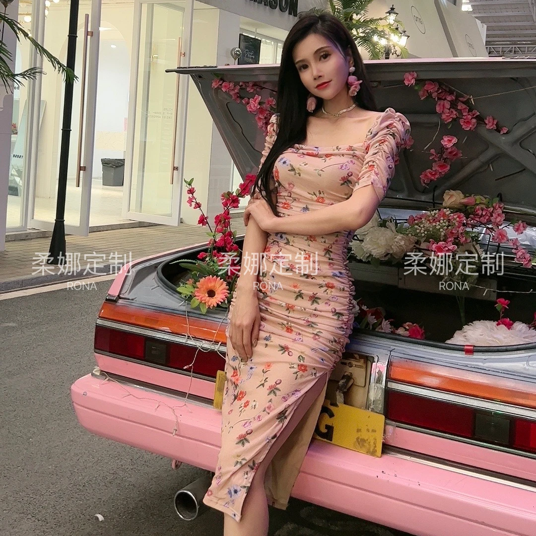 柔娜定制 法式复古方领修身碎花连衣裙别致惊艳包臀裙10141