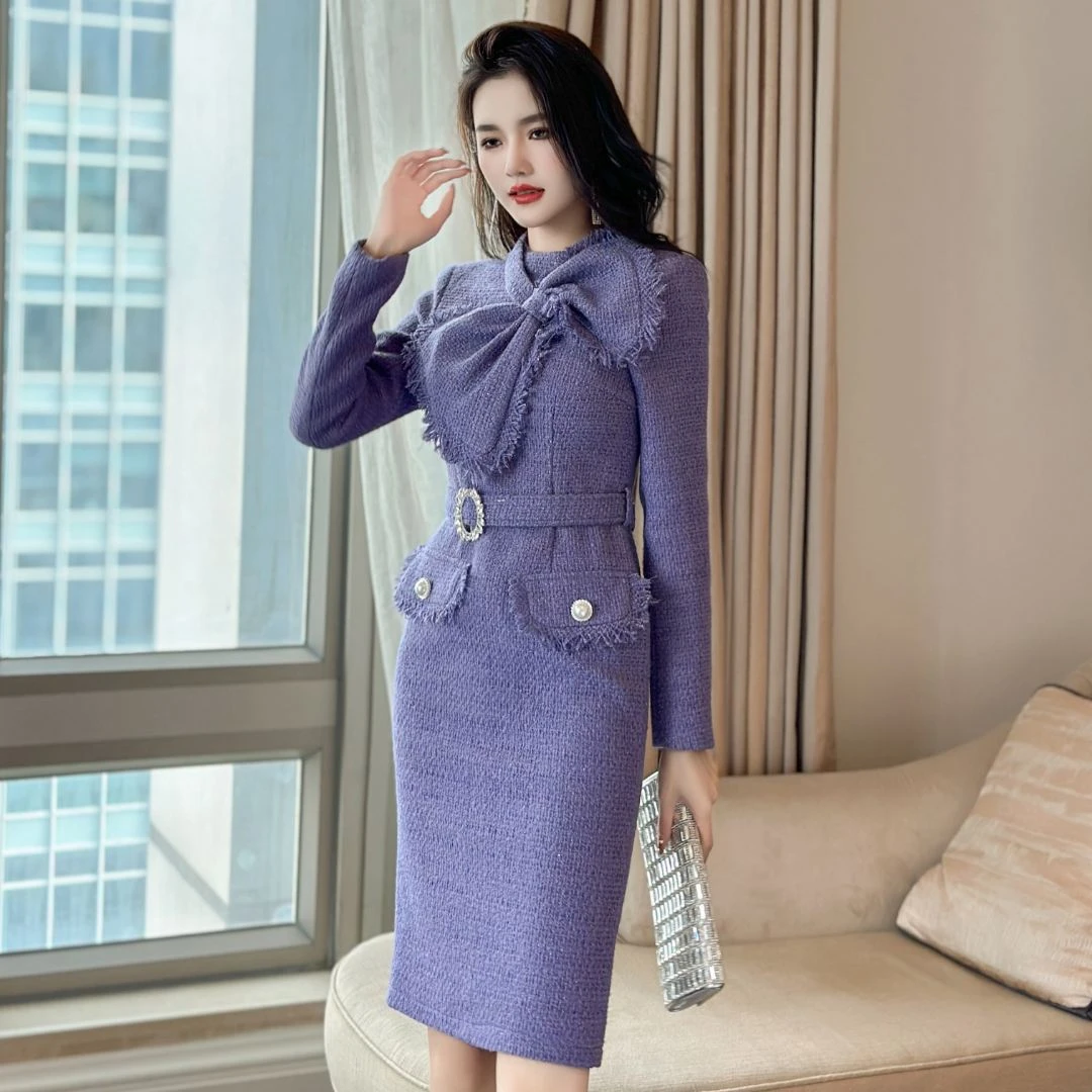 2024秋冬新款气质名媛小香风紫色重工蝴蝶结收腰连衣裙6307