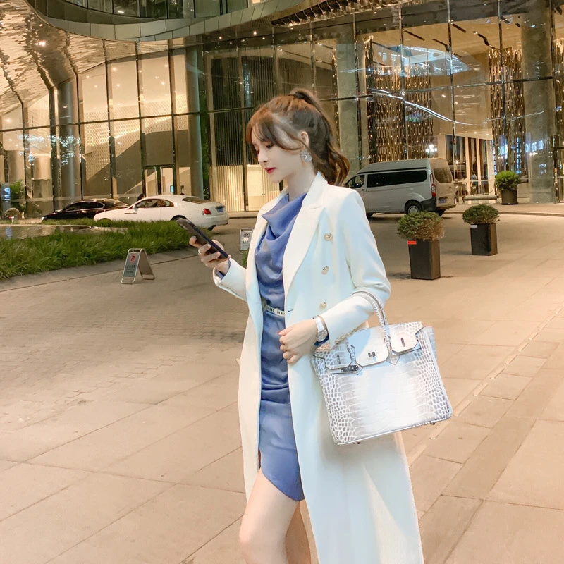 气质过膝流行修身时尚西装洋气白色大衣初冬外套4484