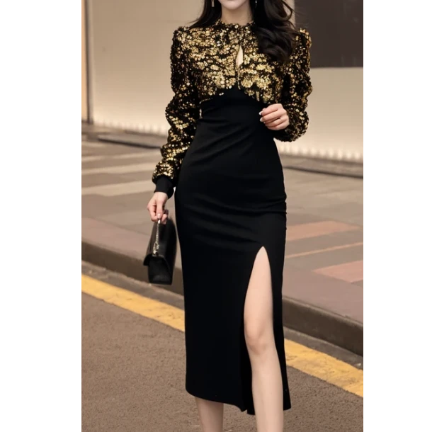 秋冬新款显瘦气质长袖黑色复古开叉修身名媛91447