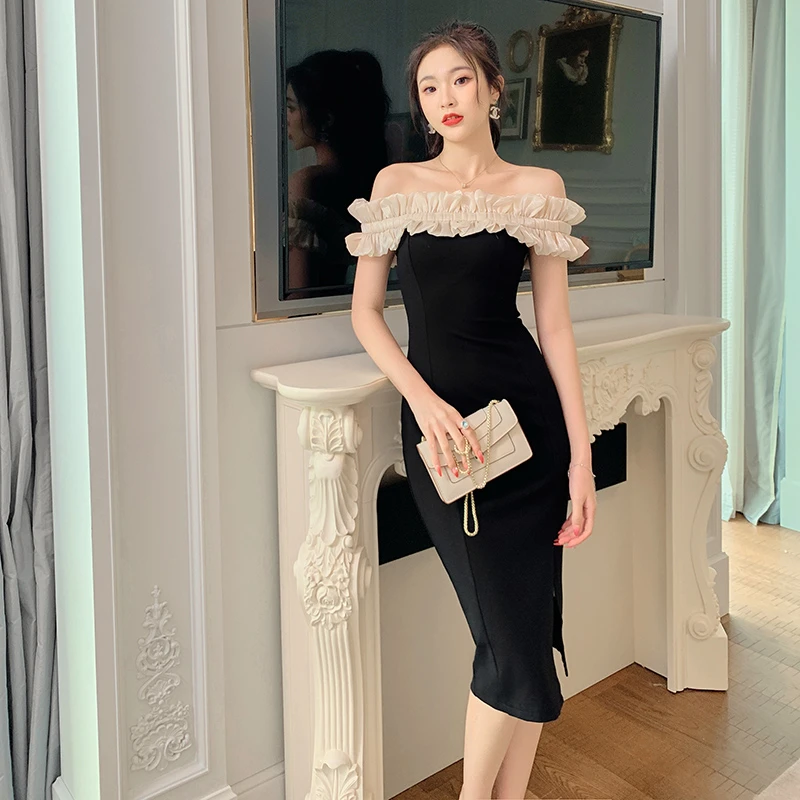 新款一字肩连衣裙女露锁骨法式赫本风包臀礼服裙子4993