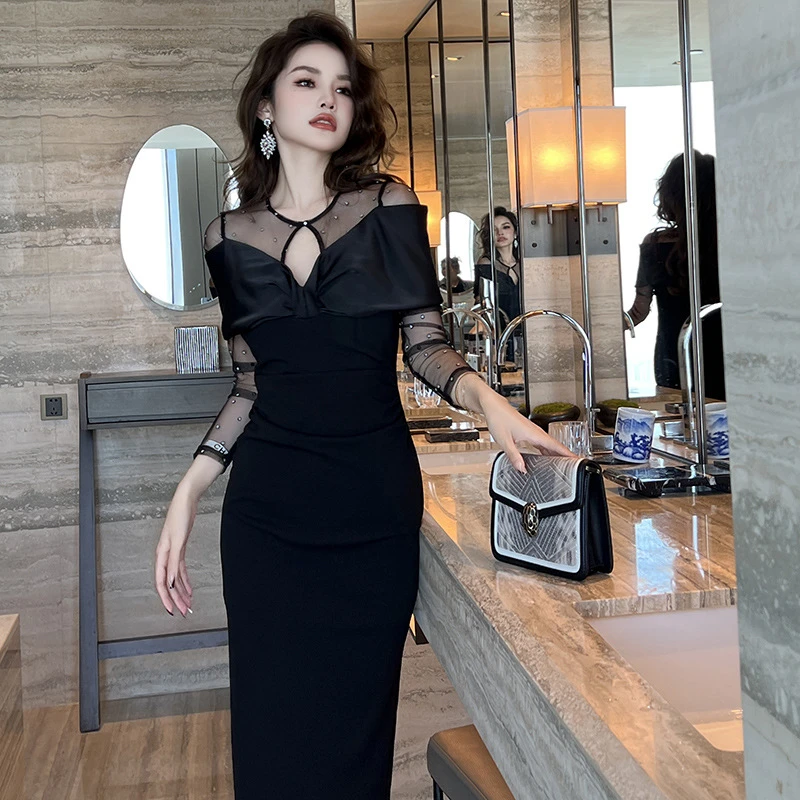 10198宴会晚礼服长裙新款女装法式气质修身黑色连衣裙