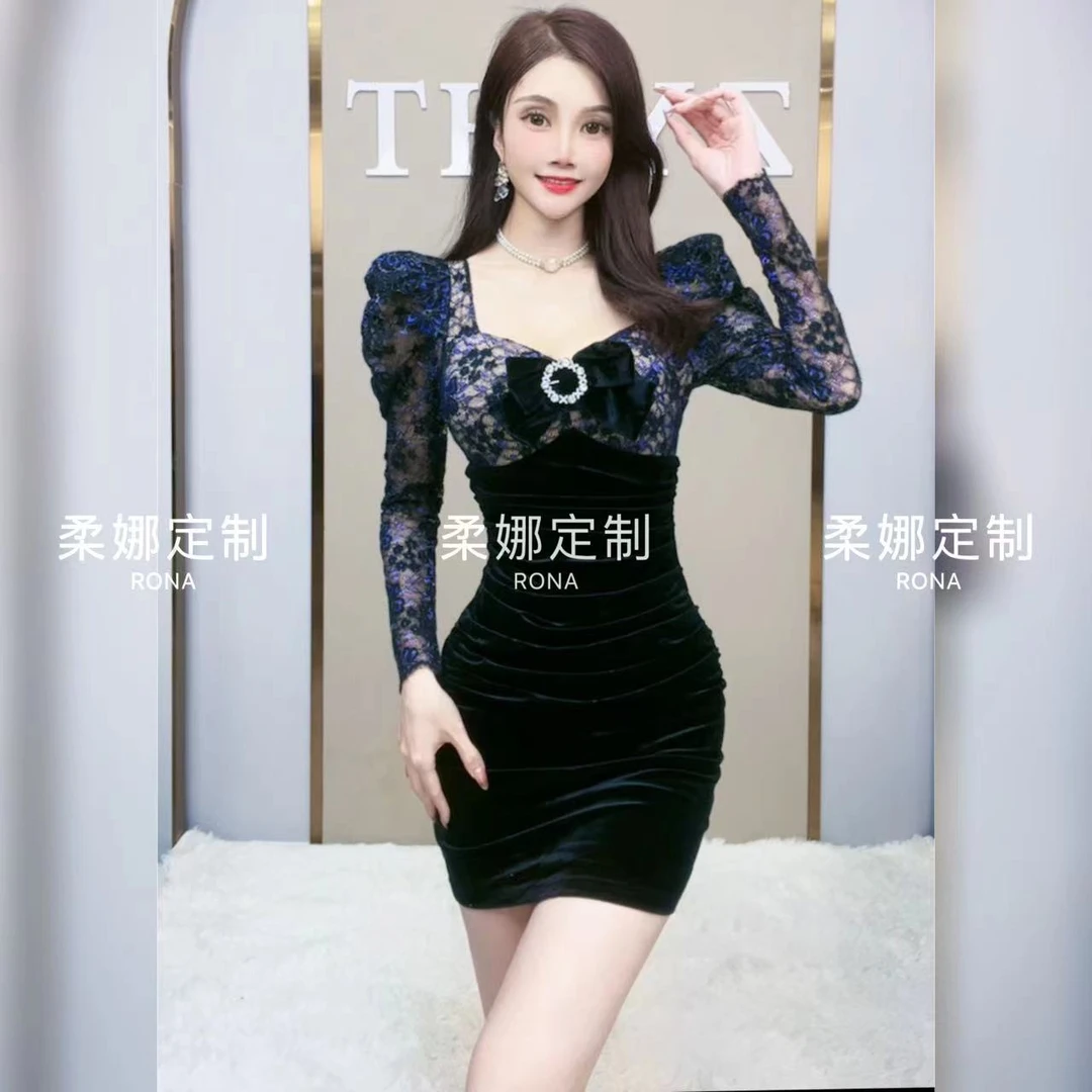 柔娜定制 气质遮肉蕾丝泡泡袖修身蝴蝶结减龄连衣裙20159