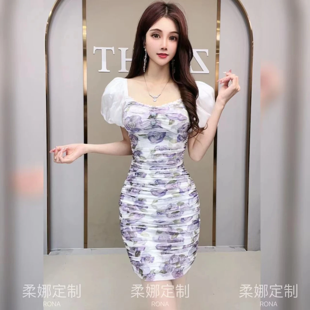 柔娜定制 初恋约会款纯欲气质法式收腰泡泡袖包臀连衣裙60050