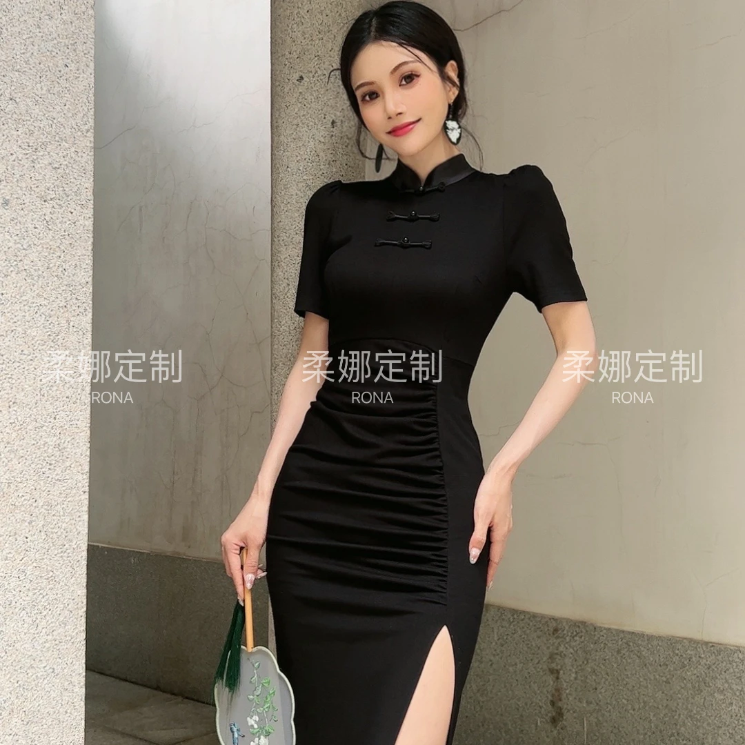 柔娜定制 旗袍显瘦夏季复古黑色性感收腰国风修身30155