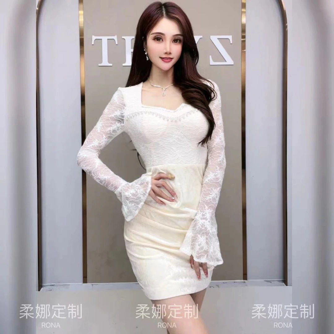 纯欲气质女神款显瘦网红白色修身法式连衣裙时尚性感蕾丝21057