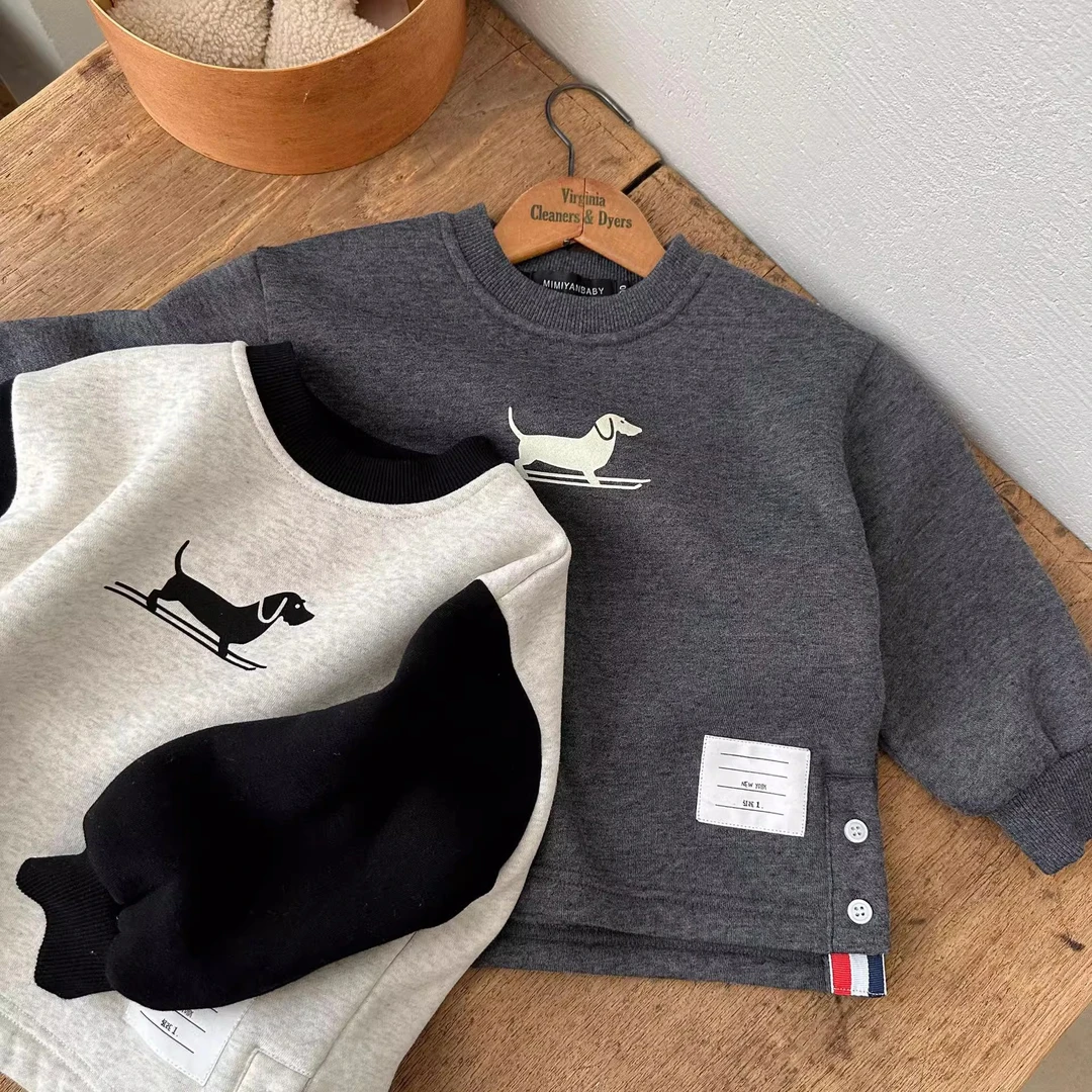 儿童加绒卫衣2024冬季长袖男女童印花卫衣宝宝拼色套头衫厚