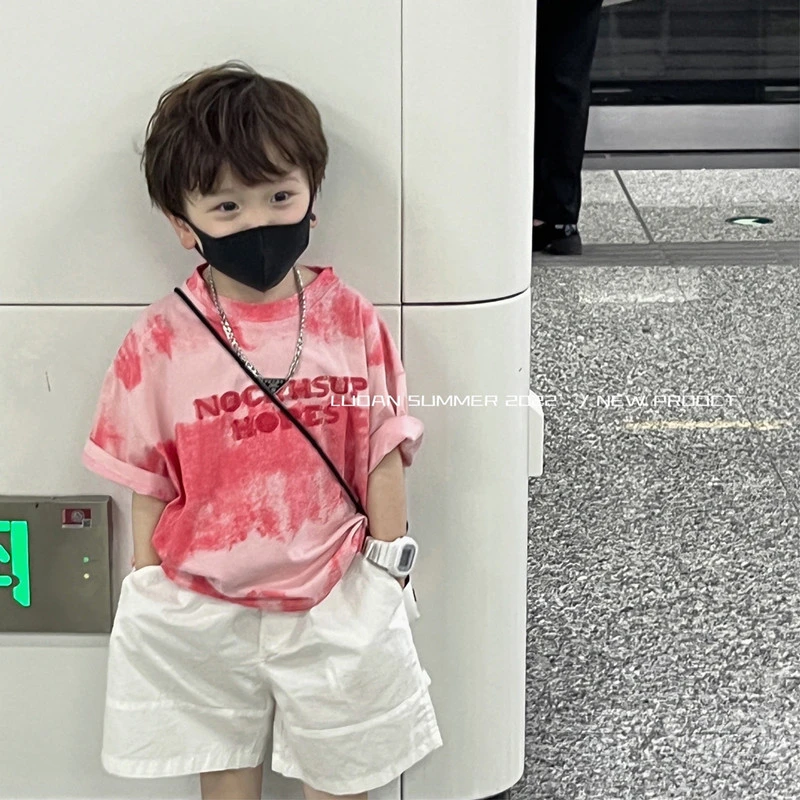 男童短袖t恤2025潮夏装童装儿童棉A0519男孩粉色扎染短袖韩版上衣