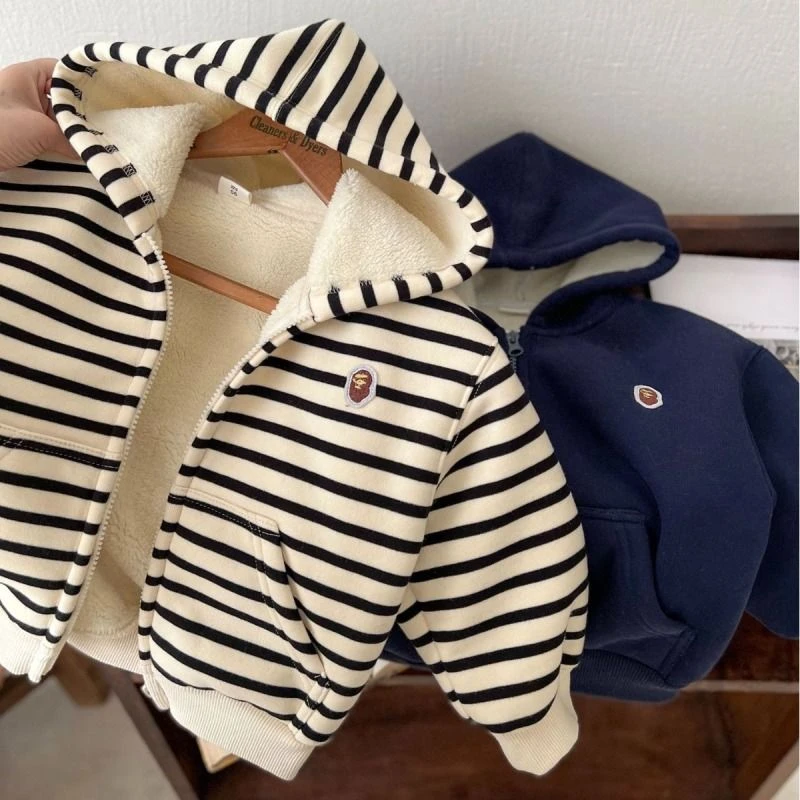 儿童冬季外套2024男女童加厚条纹连帽衫宝宝休闲连帽包年卫衣外套