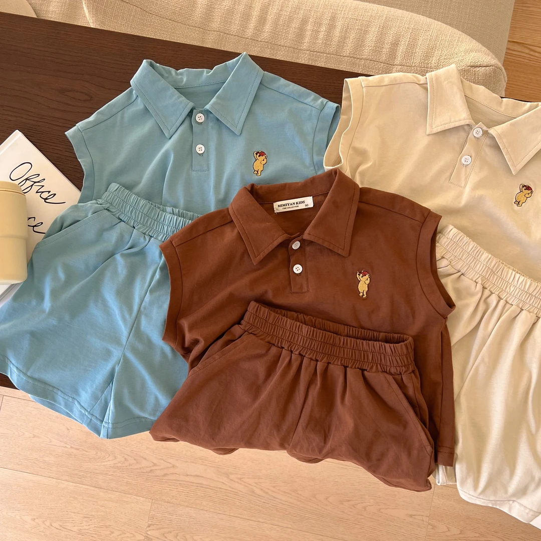 2025夏季男童休闲套装宝宝棉家居服儿童纯色翻领1-3短裤套装