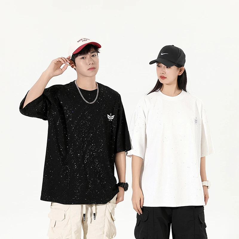 门店399！高定礼盒装！满天星烫钻情侣T 【100棉】情侣款宽松短袖