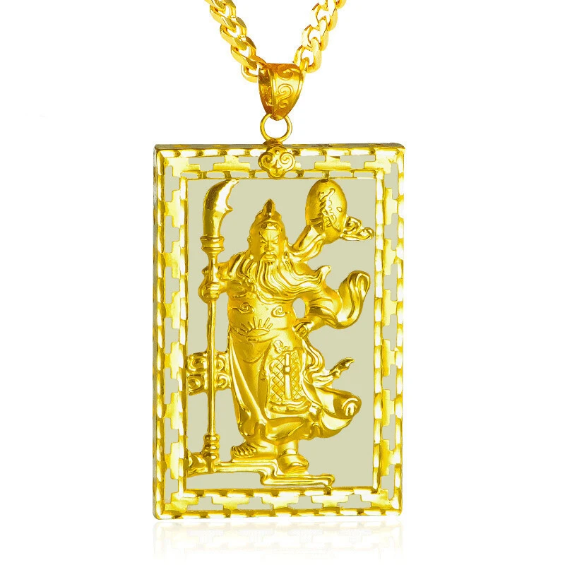 黄金关公吊坠金包玉吊坠金镶玉999足金和田玉镶嵌玉坠男款玉牌