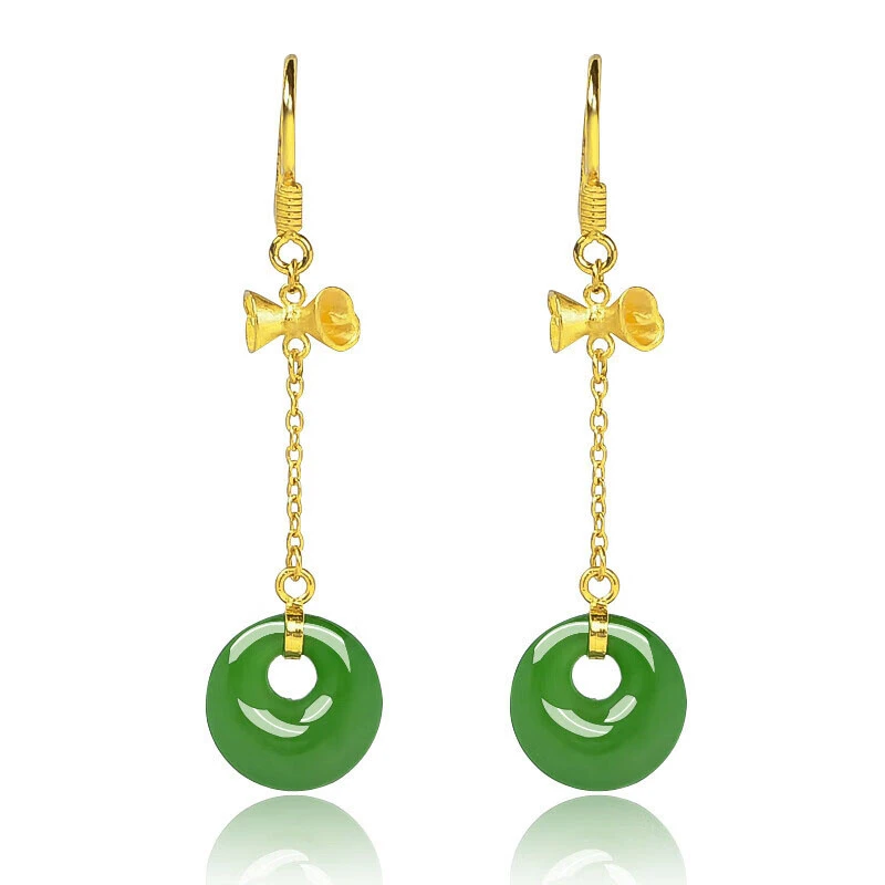 黄金平安扣耳坠999足金镶玉女金镶和田碧玉长款和田玉流苏平安扣