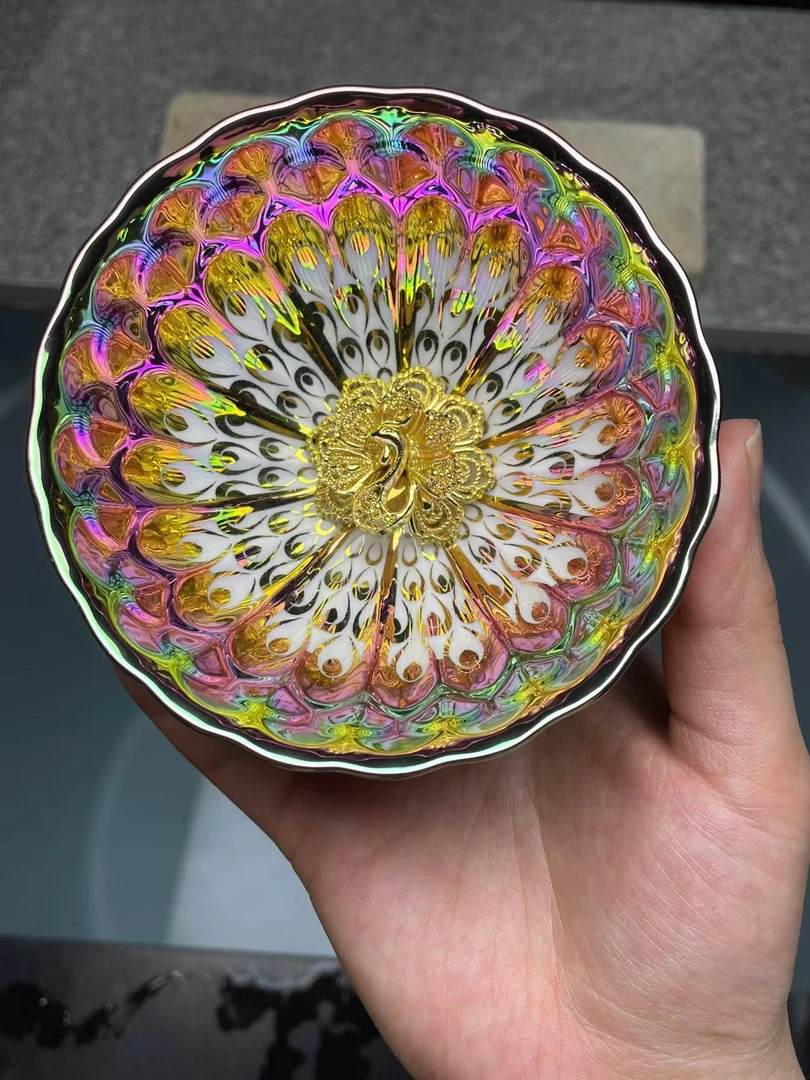 高端茶器家用主人杯彩色金色孔雀茶杯