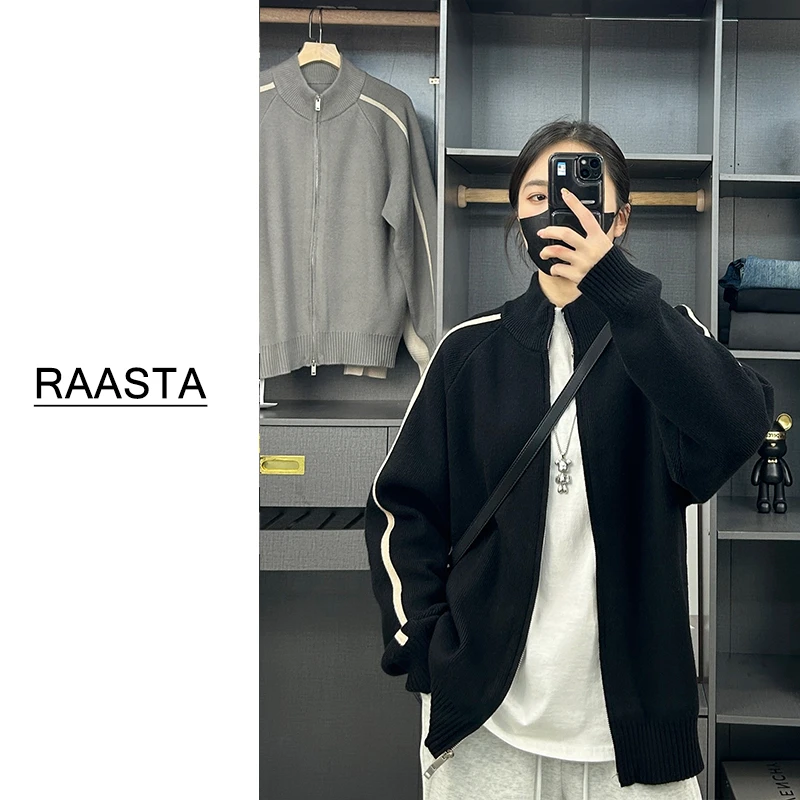 双拉链毛衣男2025秋冬新款潮流拼色百搭针织开衫外套立领休闲外套