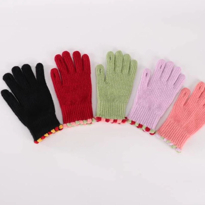 针织可触屏毛线女士加绒加厚保暖 韩版弹力秋冬糖豆手套