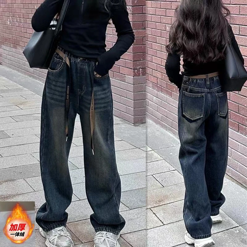 女童加绒牛仔裤冬季新款复古宽松直筒裤中百搭韩版休闲一体绒裤子