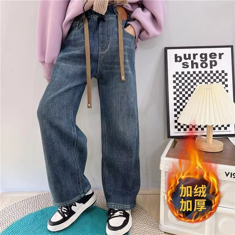 女童冬季阔腿裤加绒加厚牛仔裤中大童宽松休闲直筒裤女童冬天裤子