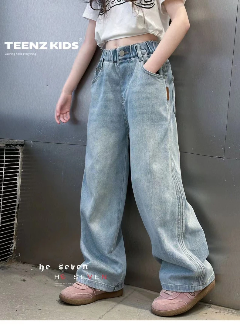 女童小女孩牛仔裤2025款儿童百搭休闲韩版直筒裤中大童宽松阔腿裤