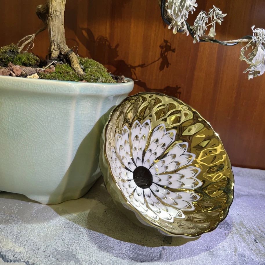 盏杯开窑品茗杯雀羽金莲花陶瓷喝茶杯金色花纹主人杯描金杯碟盏杯