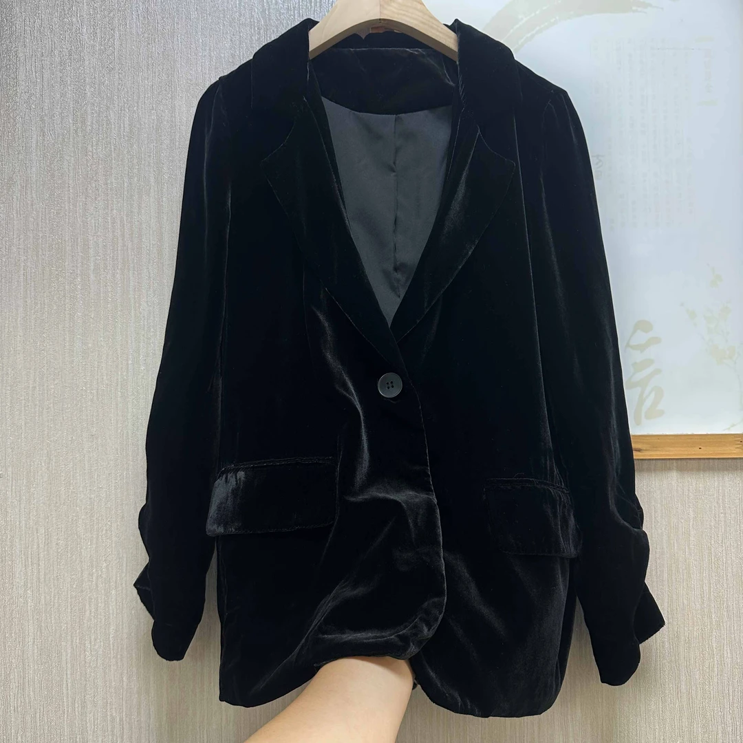 100桑蚕丝丝绒西装外套女宽松气质百搭显瘦休闲真丝绒西服上衣