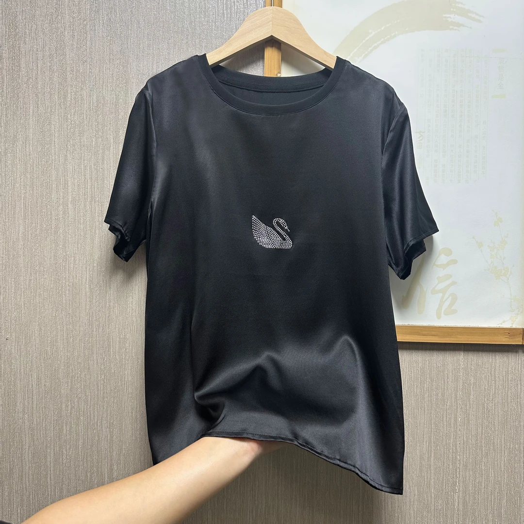 桑蚕丝弹力缎T恤女短袖时尚百搭夏季圆领烫钻气质休闲上衣