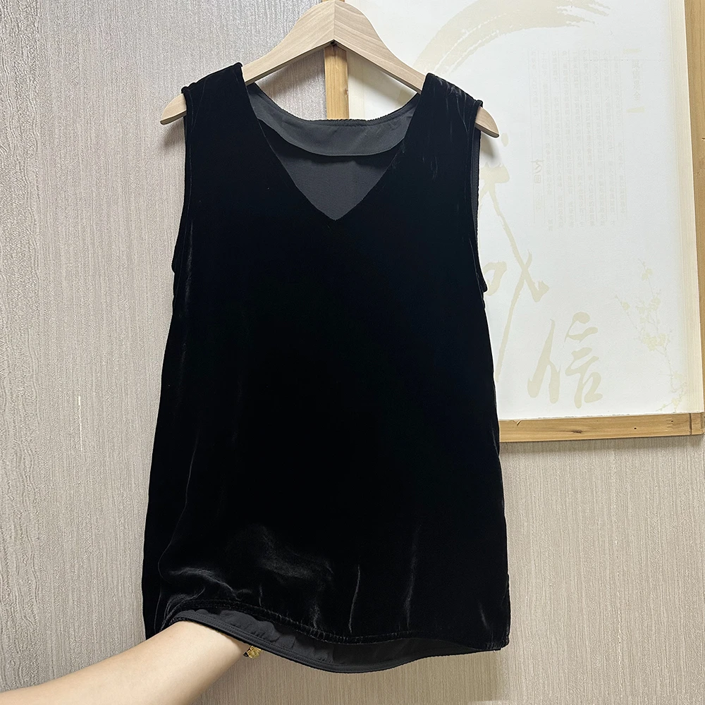 100桑蚕丝丝绒V领背心女复古宽松显瘦休闲百搭气质无袖上衣外穿