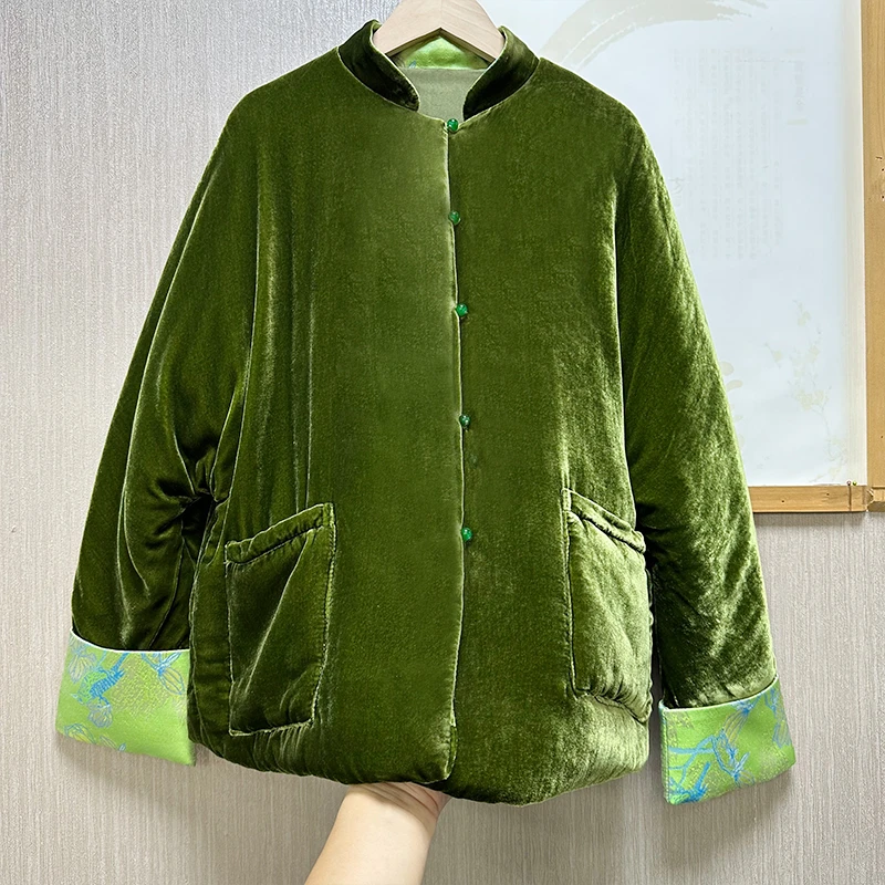 100桑蚕丝丝绒棉服女保暖宽松新中式拼接气质真丝绒外套