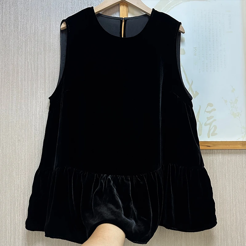 100桑蚕丝丝绒背心女圆领时尚百搭无袖真丝黑色复古外穿上衣