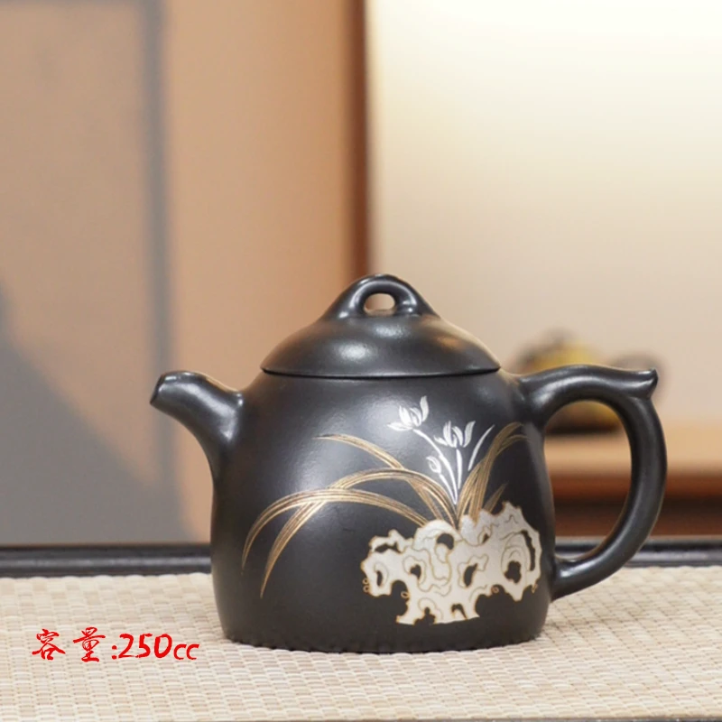 轻舟紫砂 石黄秦权壶250cc 手工错金银装饰