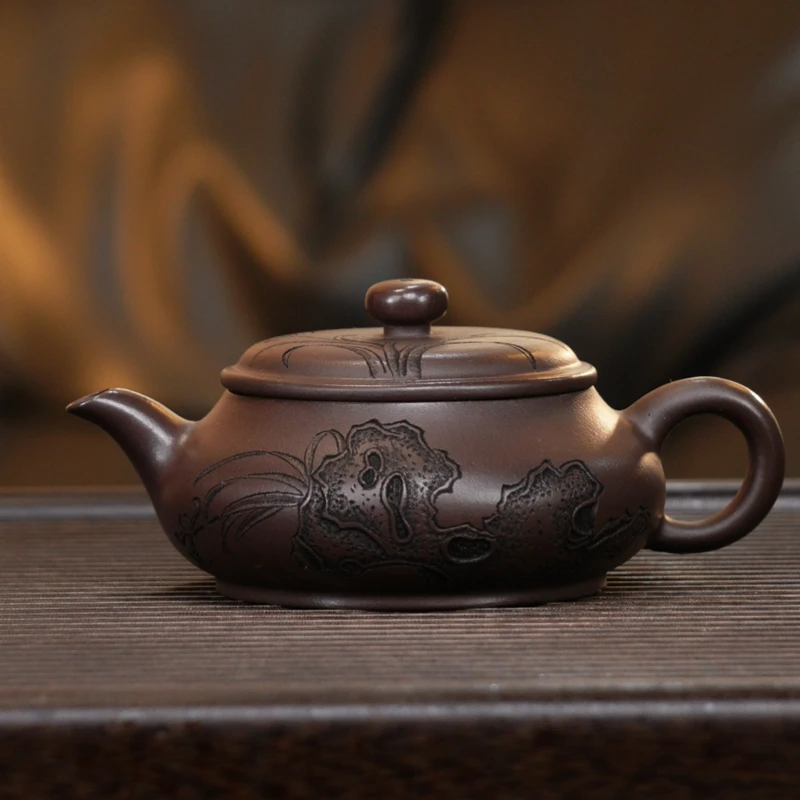 轻舟紫砂 深井老紫泥刻绘明炉200cc