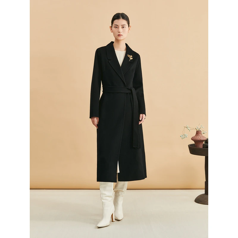 YINER音儿女装冬季新款系带西装领纯羊毛双面呢大衣8C63580010