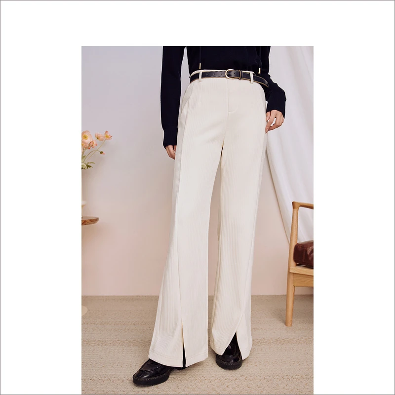 Goodland美地女装冬开衩休闲裤显瘦喇叭长裤配腰带LC33520060