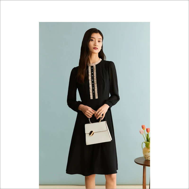 YINER音儿秋季气质时尚黑色法式复古优雅女装连衣裙8C63305106