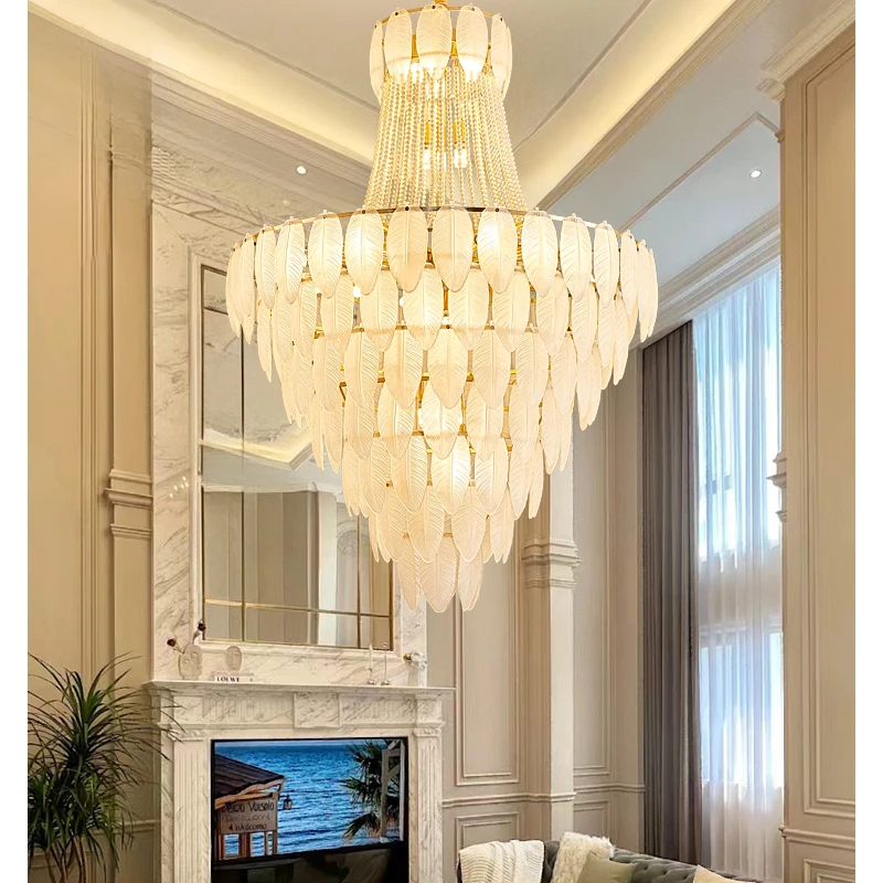 奶油羽毛复式楼水晶吊灯客厅大厅吊灯餐厅别墅轻奢水晶吊灯大气灯