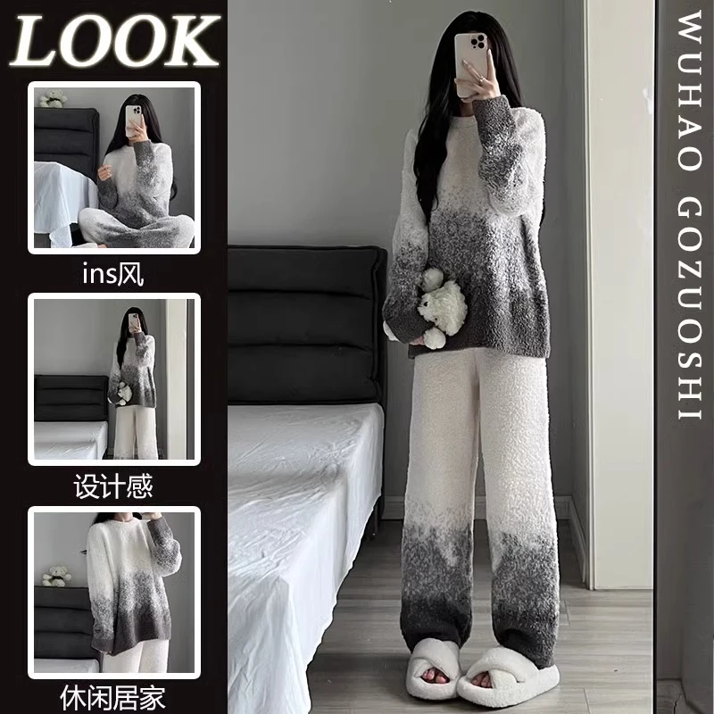 法式春秋色半边绒揭阳居家女冬加厚加绒新款毛绒家居服套装居秋冬