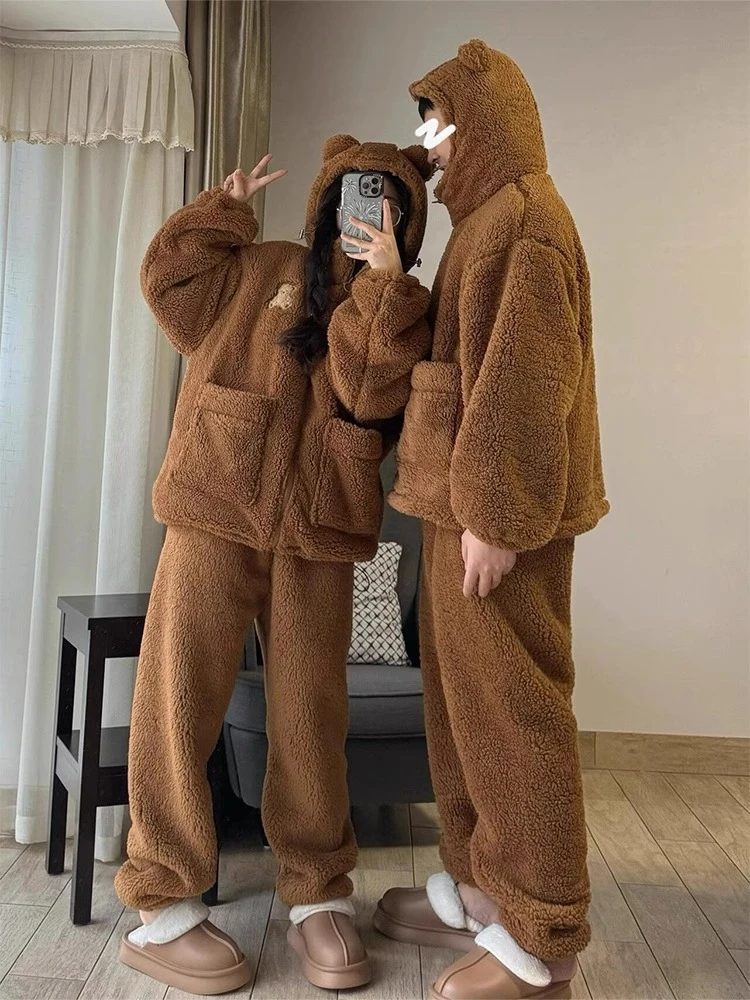 情侣网红卡通梅拉德连帽珊瑚绒睡衣女冬季加厚加绒保暖家居服套装