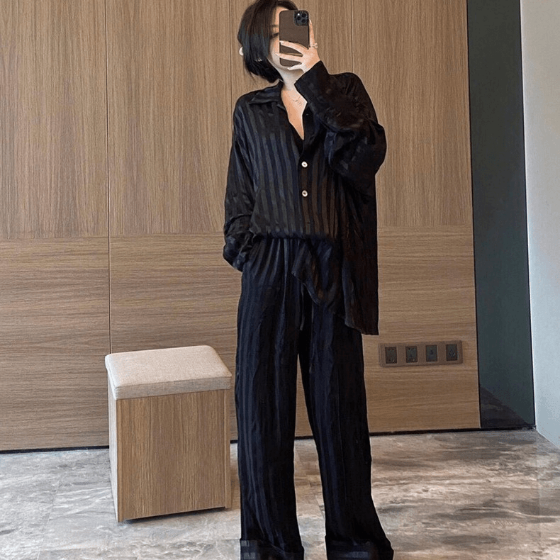 条纹洋气睡衣女网红风2023年新款简约家居春秋套装宽松亲肤可外穿