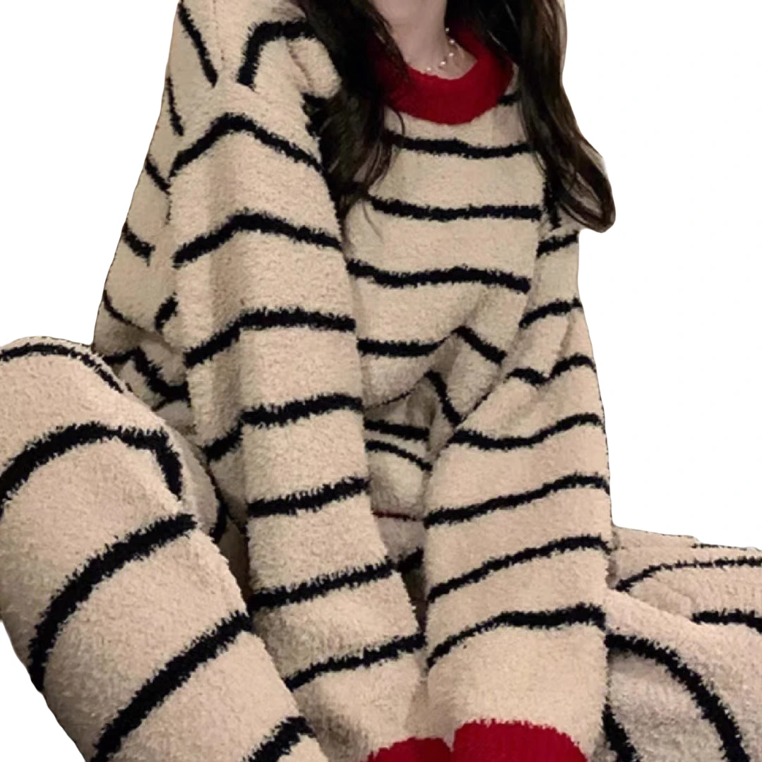 半边绒睡衣女秋冬季加绒加厚冬款家居服女2023新款珊瑚套条纹睡衣